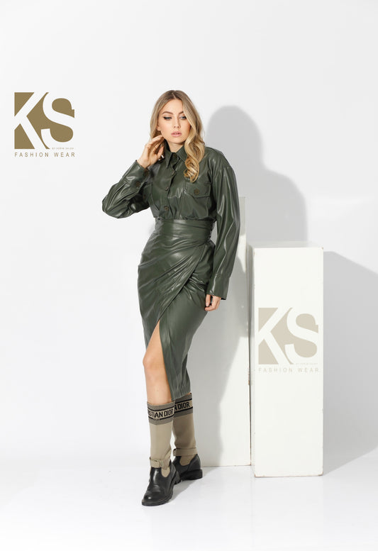 Co-Ord Leather Oversized Shirt & Wrapped Skirt - Olive