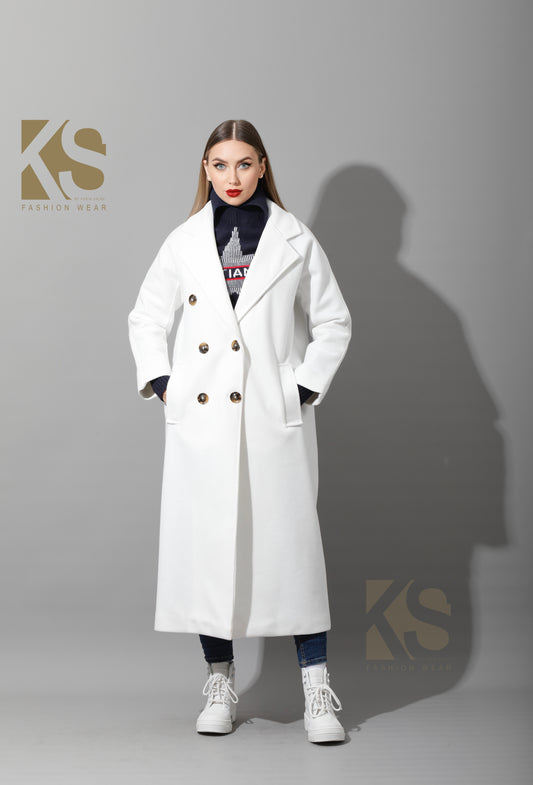 Long Double Breasted Coat - White