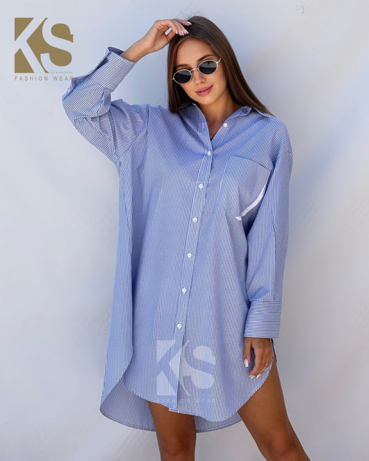 Oversized Striped Shirt Dress - Striped Blue