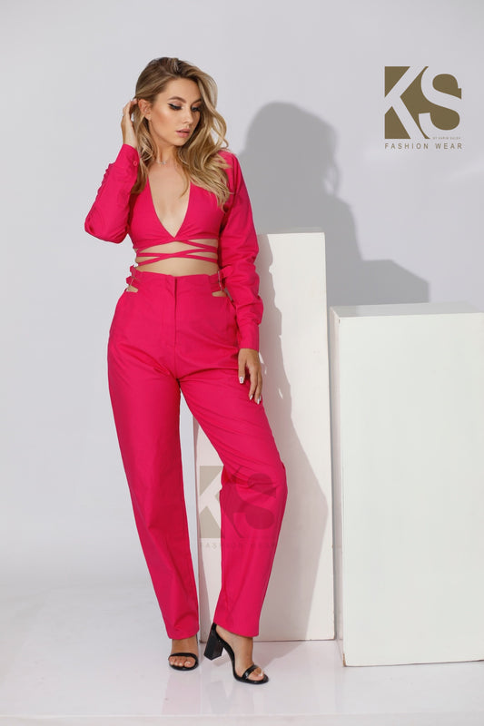 Co-ord Wrap Top & High Waist Pants - Barbie Pink