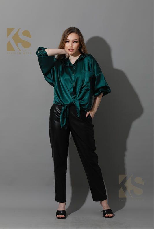 Oversized Satin Blouse - Dark Green